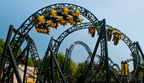 Two trains from The Smiler upside down at Alton Towers Theme Park