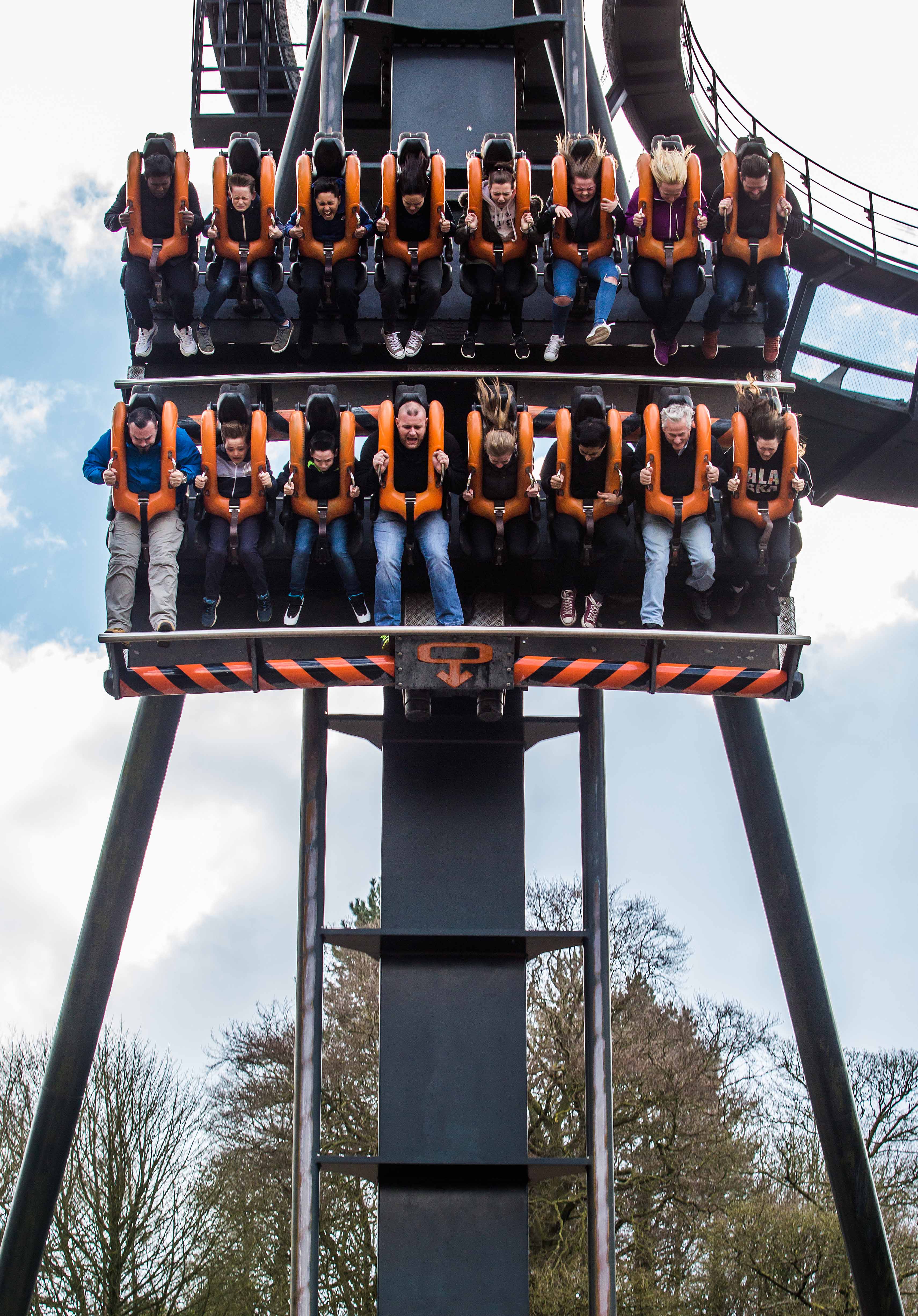 Close-up of guests falling face-down on Oblivion at Alton Towers Resort