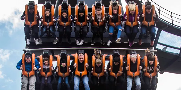 Close-up of guests falling face-down on Oblivion at Alton Towers Resort