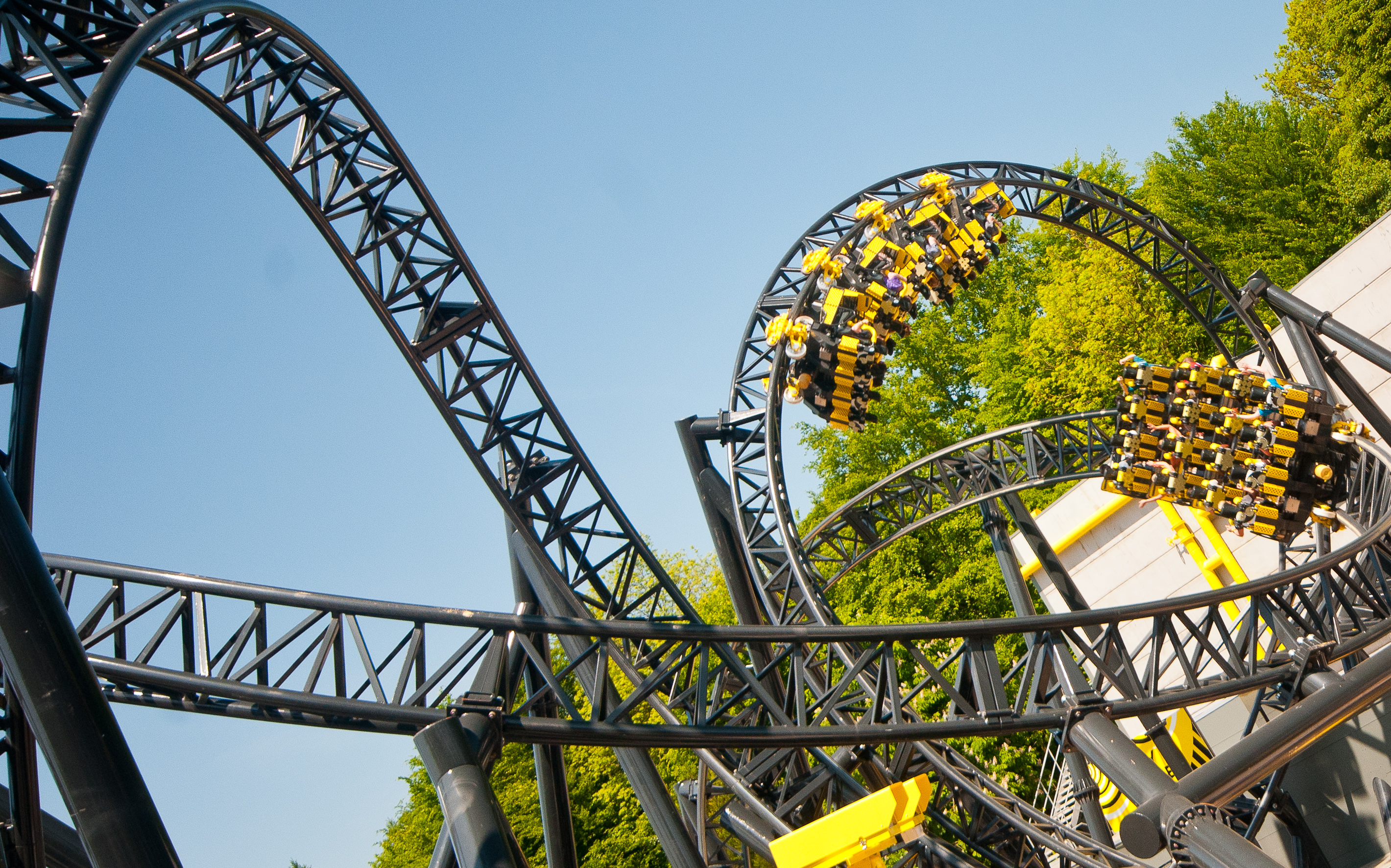Two trains from The Smiler upside down at Alton Towers Theme Park