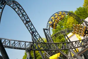 Two trains from The Smiler upside down at Alton Towers Theme Park