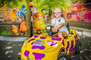 Cuckoocars Girl driving yellow and purple car